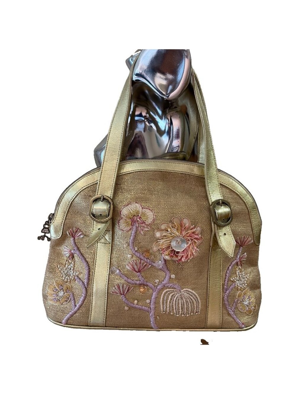 VTG Y2K Ipa Nima Gold Lame Shoulder Bag Tote 3D Flowers Beaded Embroidered Glam